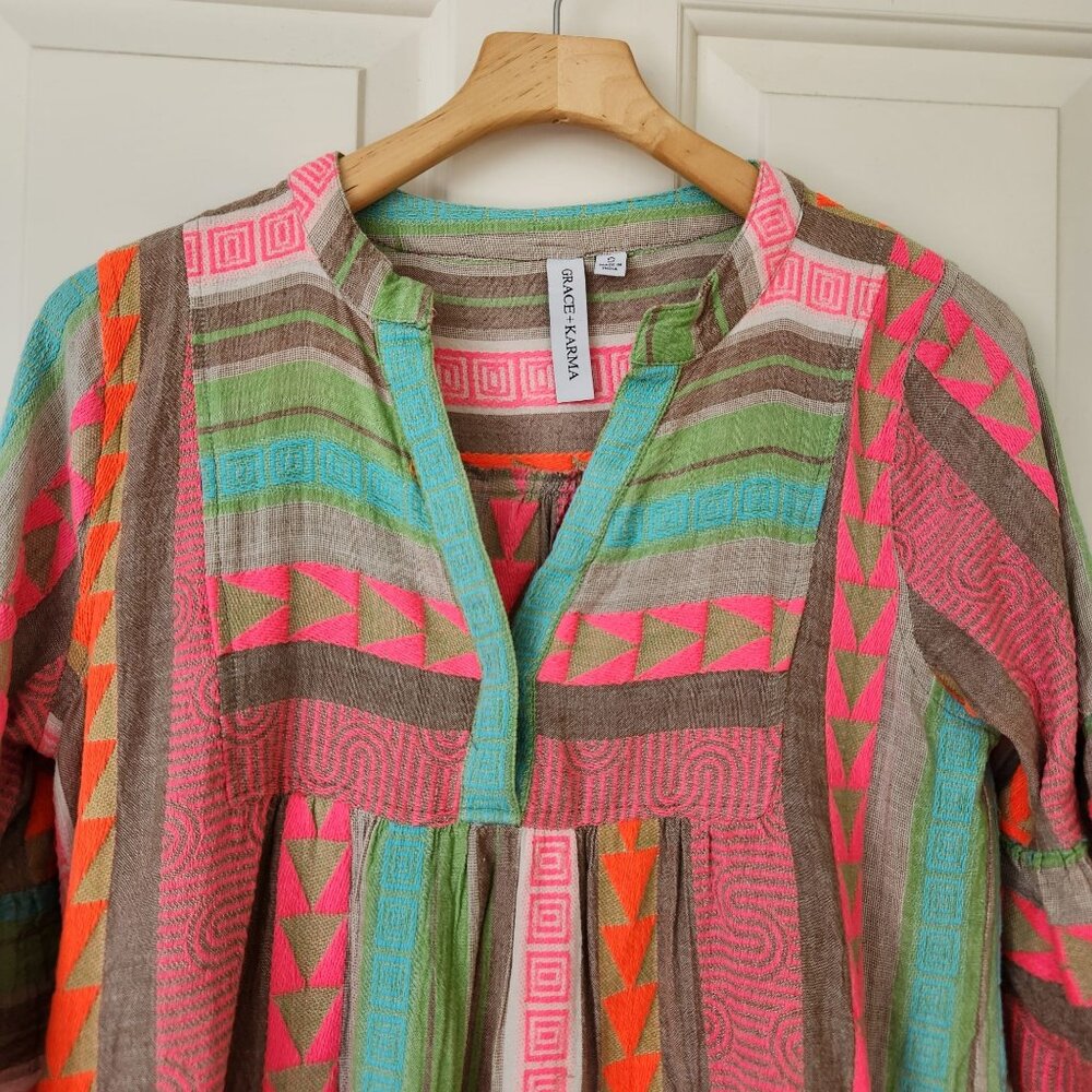 Colorful Neon Aztec Geometric Mini Babydoll Dress Bell Sleeves Summer Coquette - Picture 3 of 10